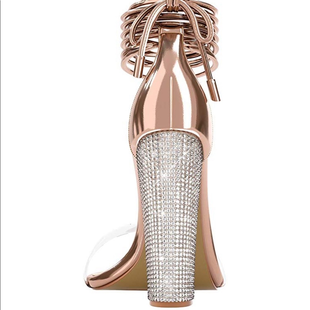 ✨ Rose Gold Rhinestone Lace up Strap Block Heel - Picture 5 of 7